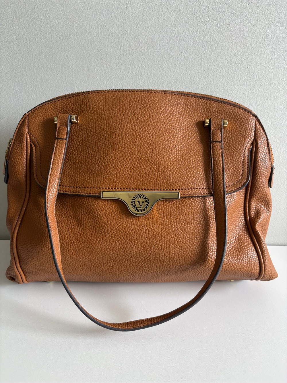 Anne Klein Cognac Pebbled Double Zip Satchel Tote Bag Gold Lion Hardware